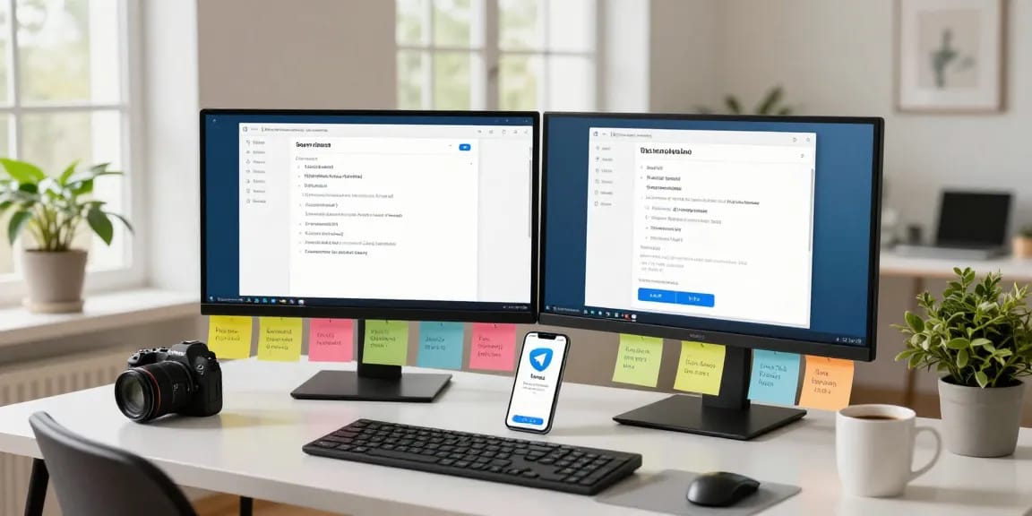 Customizing Telegram Chinese settings in a modern home office.