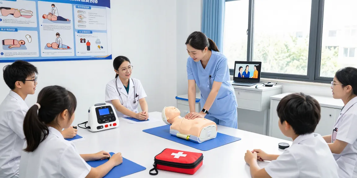Practicing CPR techniques with the Little Anne QCPR manikin in a modern training classroom.