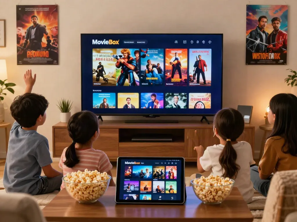 Family enjoying movie night while using the download moviebox app on a large screen, cozy living room ambiance.